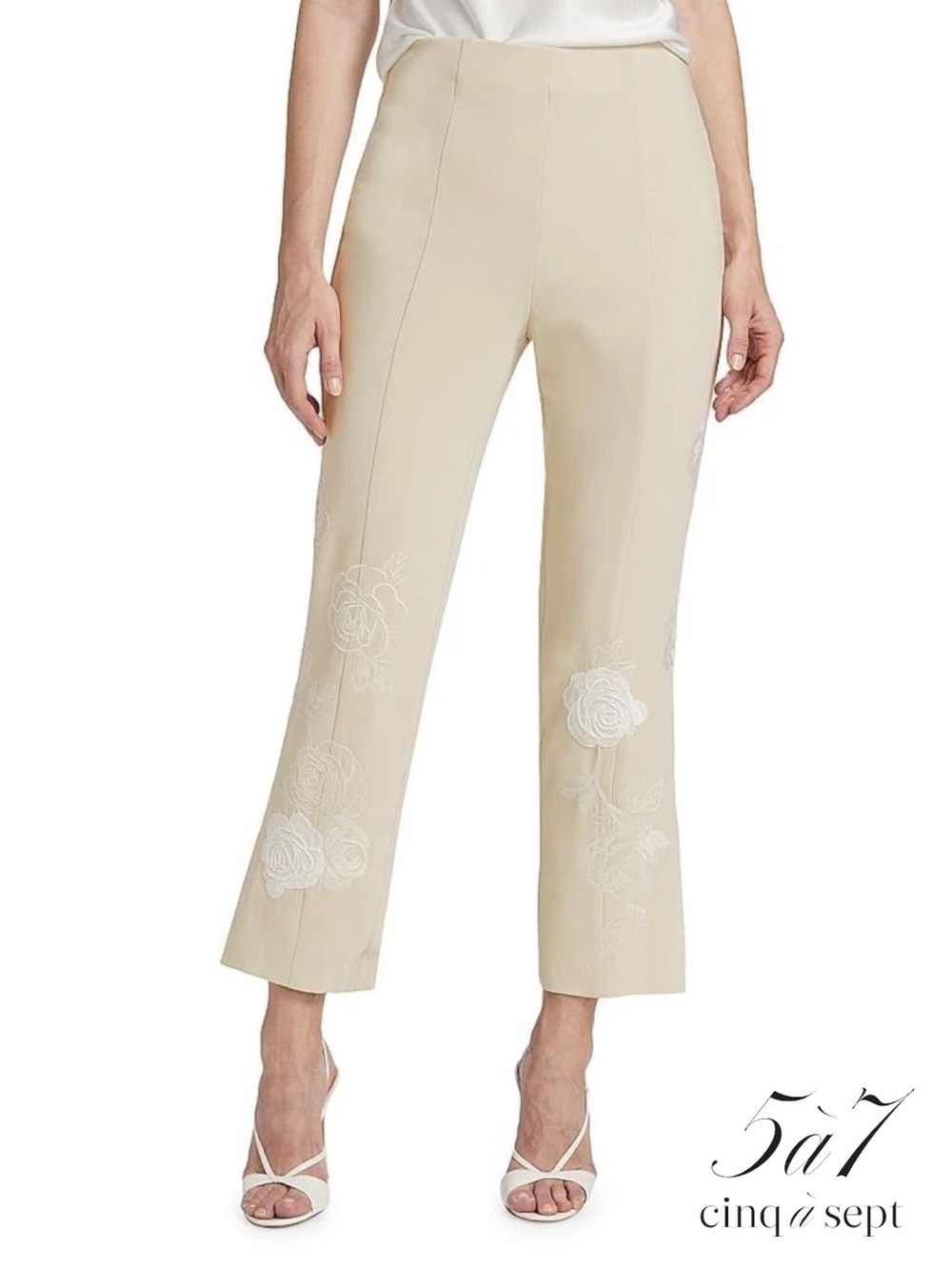 Cinq à Sept **NWT**  Floating Roses Cropped Brianne Pant in Plaster/Ivory